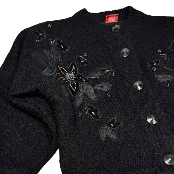 Vintage 90s Mohair Wool Cardigan Sz. S Black Beaded Appliqué  Fuzzy Whimsigoth - Picture 12 of 12